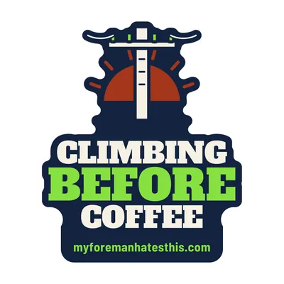 Sticker art: a utility pole with the words “Climbing Before Coffee” in cream and lime slab letters