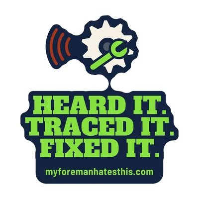 Sticker art: a gear with the words “Heard It. Traced It. Fixed It.” in cream and lime slab letters