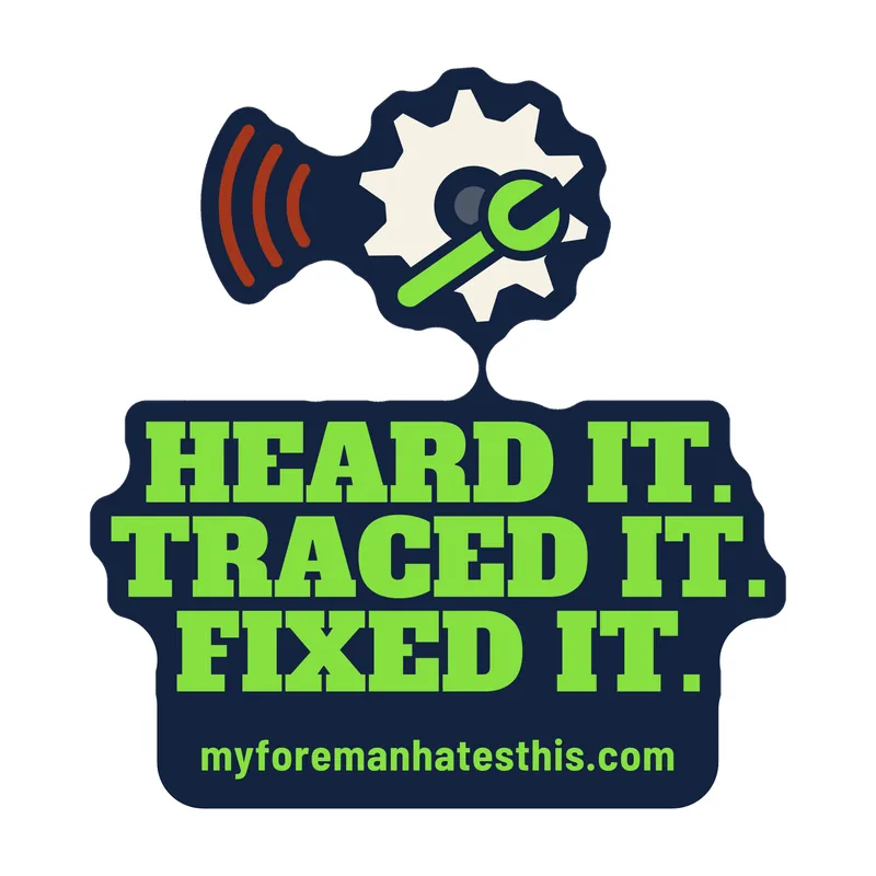 Sticker art: a gear with the words “Heard It. Traced It. Fixed It.” in cream and lime slab letters