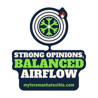 Sticker art: a fan with a snowflake with the words “Strong Opinions, Balanced Airflow” in cream and lime slab letters