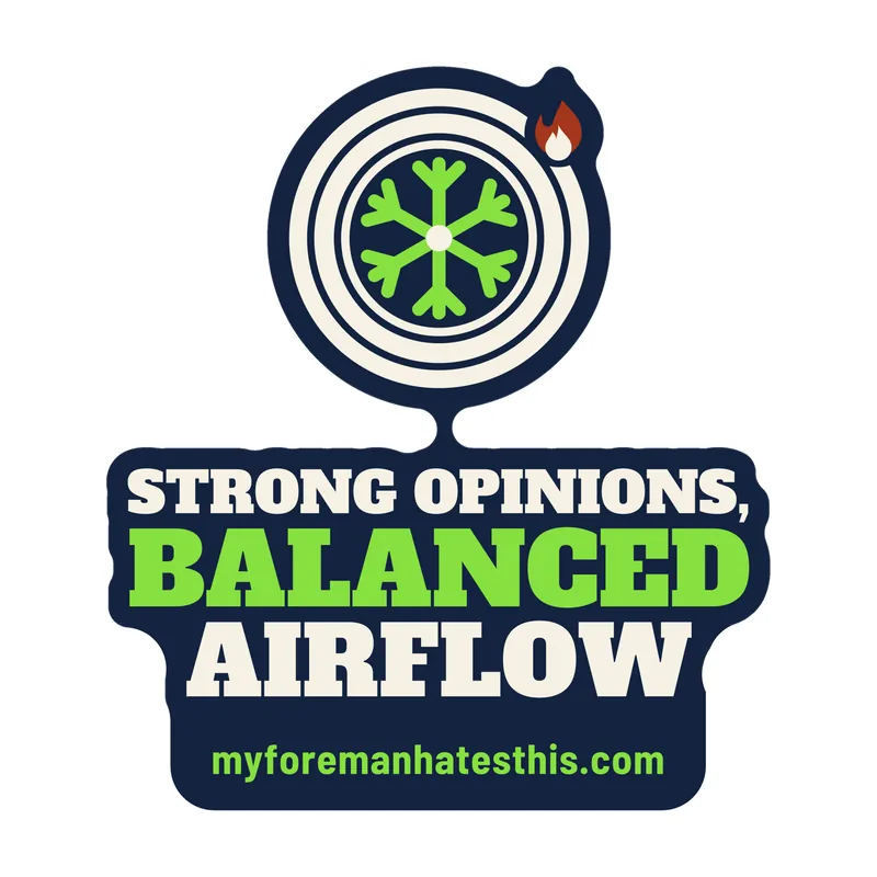 Sticker art: a fan with a snowflake with the words “Strong Opinions, Balanced Airflow” in cream and lime slab letters