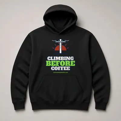Mockup: Climbing Before Coffee on a black hoodie