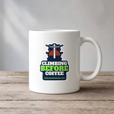 Mockup: Climbing Before Coffee on a white mug