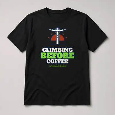 Mockup: Climbing Before Coffee on a black T-shirt