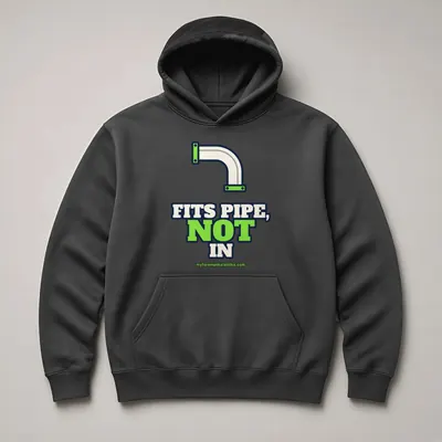 Mockup: Fits Pipe, Not In on a charcoal hoodie