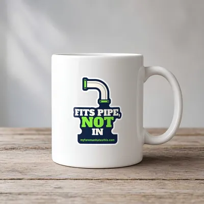 Mockup: Fits Pipe, Not In on a white mug