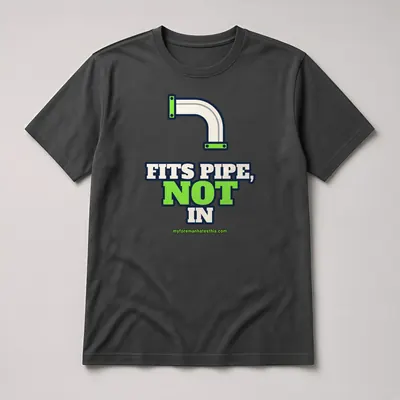 Mockup: Fits Pipe, Not In on a charcoal T-shirt