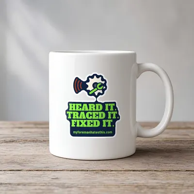 Mockup: Heard It. Traced It. Fixed It. on a white mug