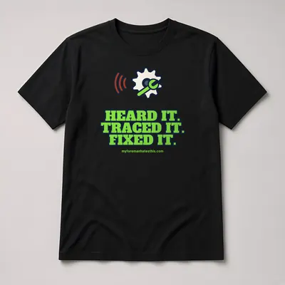 Mockup: Heard It. Traced It. Fixed It. on a black T-shirt