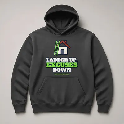 Mockup: Ladder Up, Excuses Down on a charcoal hoodie