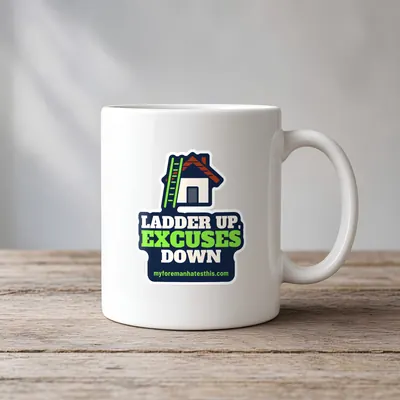 Mockup: Ladder Up, Excuses Down on a white mug