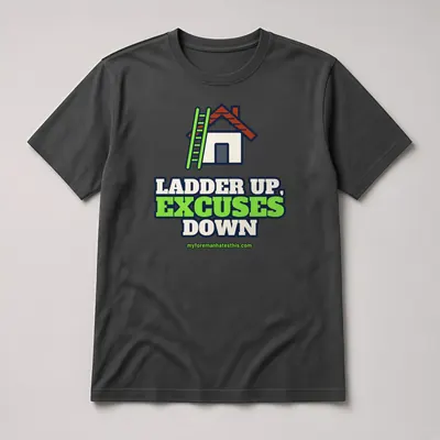 Mockup: Ladder Up, Excuses Down on a charcoal T-shirt