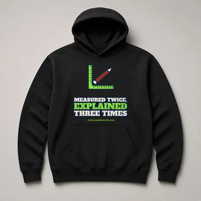 Mockup: Measured Twice, Explained Three Times on a black hoodie
