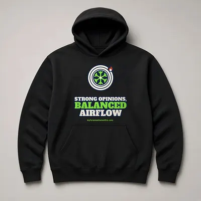 Mockup: Strong Opinions, Balanced Airflow on a black hoodie