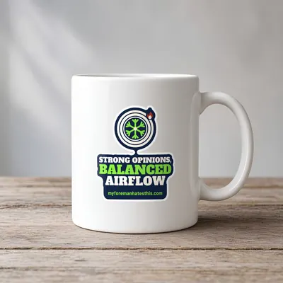 Mockup: Strong Opinions, Balanced Airflow on a white mug