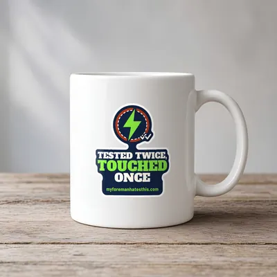 Mockup: Tested Twice, Touched Once on a white mug