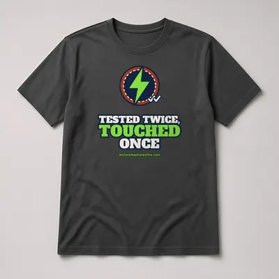 Mockup: Tested Twice, Touched Once on a charcoal T-shirt